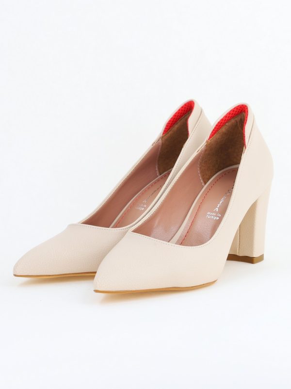 Pantofi pentru Femei cu Toc Gros Piele Ecologică Varf Ascutit culoare Crem - BS980KAY2405542 173
