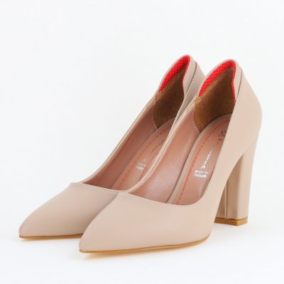 Pantofi pentru Femei cu Toc Gros Piele Ecologică Varf Ascutit culoare Bej-Nud - BS980AY2405508