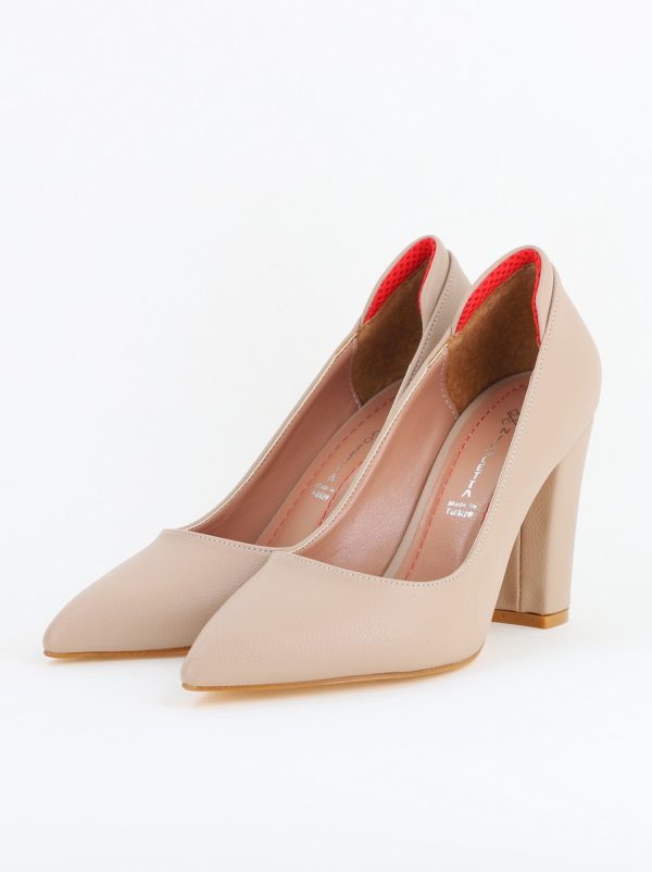 Pantofi pentru Femei cu Toc Gros Piele Ecologică Varf Ascutit culoare Bej-Nud - BS980AY2405508 173