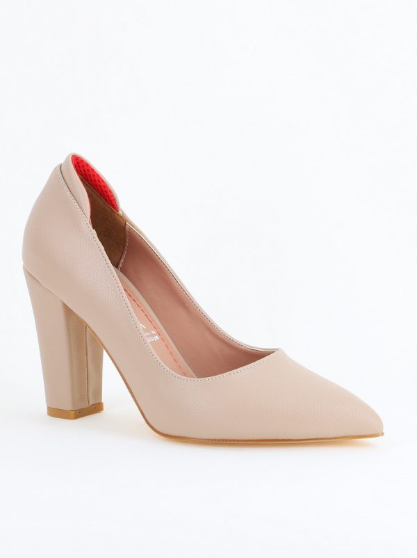 Incaltaminte Dama - Pantofi pentru Femei cu Toc Gros Piele Ecologică Varf Ascutit culoare Bej-Nud - BS980AY2405508
