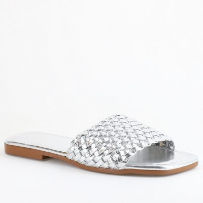 Papuci Dama Piele Ecologica Argintiu metalic cu model împletit