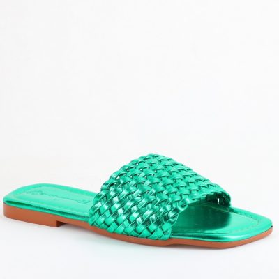 Papuci Dama Piele Ecologica Verde metalic cu model împletit