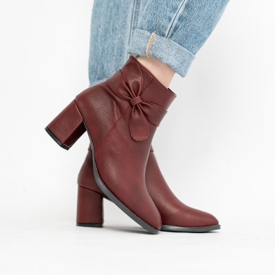 Botine elegante de damă cu toc din piele ecologică cu fundiță Bordo BS1092BT2411151