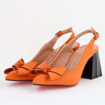 Pantofi damă cu Toc Eleganti portocaliu Decupați cu Fundiță din Piele Ecologica