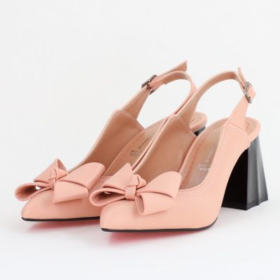 Pantofi damă cu Toc Eleganti Roz Decupați cu Fundiță din Piele Ecologica