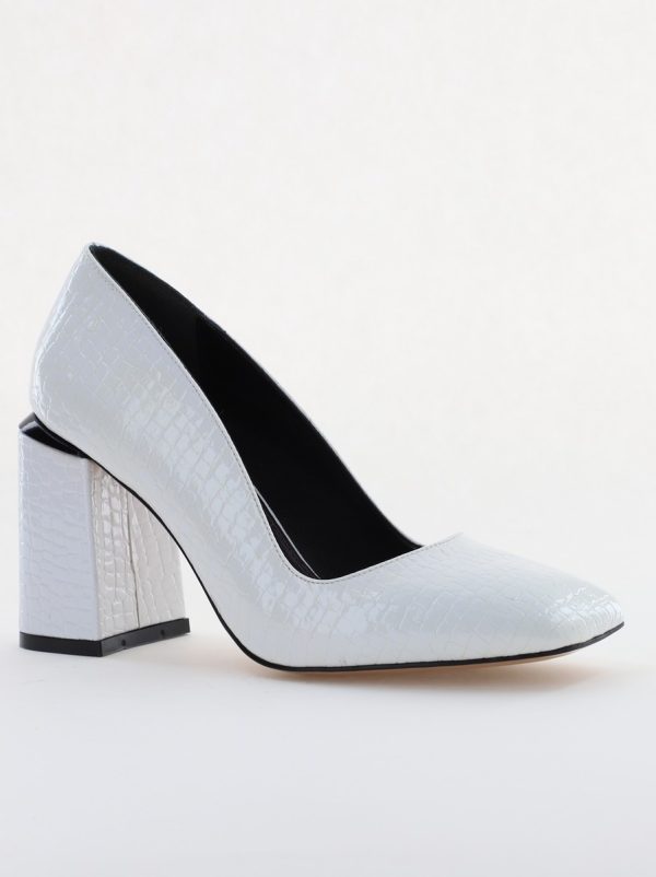 Incaltaminte Dama - Pantofi Damă cu Toc Gros din Piele Ecologică texturată alb lac BS01AY2402749
