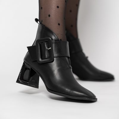 Botine elegante de damă cu toc, din piele ecologică cu fermoar - culoare Negru Mat BS750BT2409853