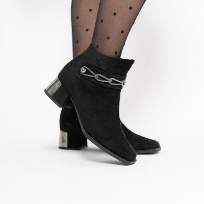 Botine damă cu toc jos din piele ecologică întoarsă cu fermoar - culoare Negru BS578BT2409826