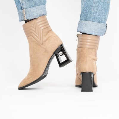 Botine elegante de damă cu toc, din piele ecologică întoarsă, cu fermoar - culoare Taupe BS8651BT2409848