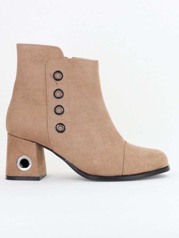 Botine damă cu toc din piele întoarsă ecologică cu fermoar - culoare Taupe 136