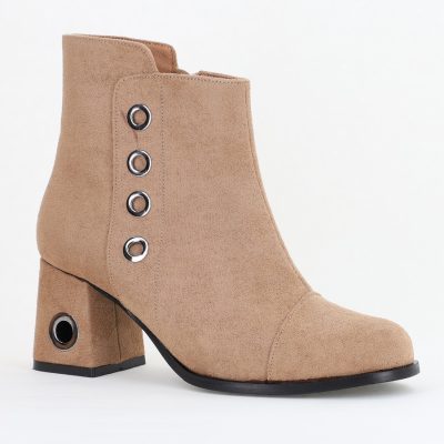 Botine damă cu toc din piele întoarsă ecologică cu fermoar - culoare Taupe BS718BT2409858