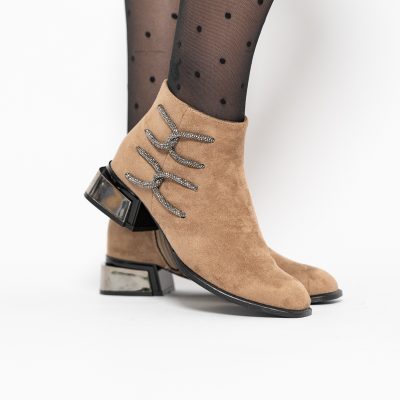 Botine damă elegante din piele ecologică intoarsă cu fermoar - culoare Taupe BS256BT2409840