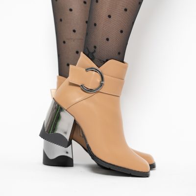 Botine damă casual cu toc din piele ecologică  cu fermoar - culoare maro mat BS552BT2409856