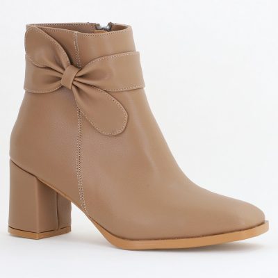 Botine elegante de damă cu toc din piele ecologică cu fundiță Taupe BS1092BT2411154