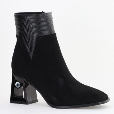 Botine elegante de damă cu toc, din piele ecologică întoarsă, cu fermoar - culoare Negru BS8651BT2409847