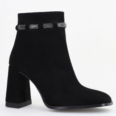 Botine elegante de damă cu toc, din piele ecologică întoarsă, cu fermoar - culoare Negru BS5005BT2409850