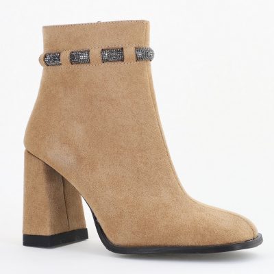 Botine elegante de damă cu toc, din piele ecologică întoarsă, cu fermoar - culoare Taupe BS5005BT2409849