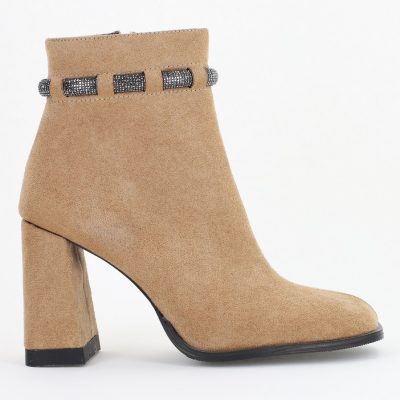 Botine elegante de damă cu toc, din piele ecologică întoarsă, cu fermoar - culoare Taupe BS5005BT2409849