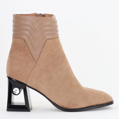 Botine elegante de damă cu toc, din piele ecologică întoarsă, cu fermoar - culoare Taupe BS8651BT2409848