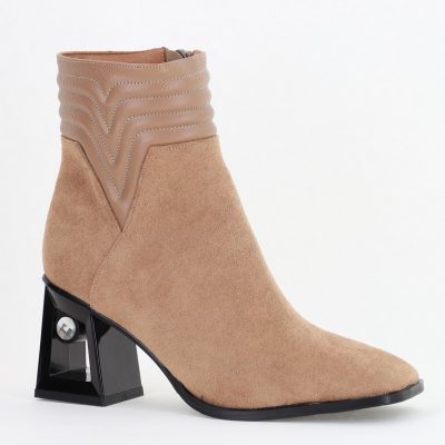 Botine elegante de damă cu toc, din piele ecologică întoarsă, cu fermoar - culoare Taupe BS8651BT2409848