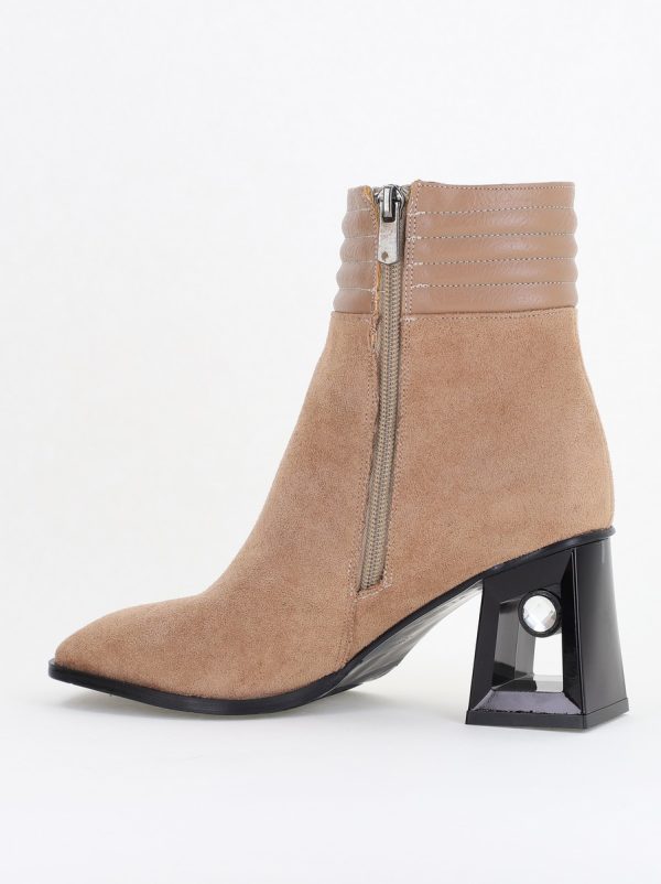 Botine elegante de damă cu toc, din piele ecologică întoarsă, cu fermoar - culoare Taupe BS8651BT2409848 137