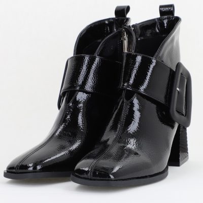 Botine elegante de damă cu toc, din piele ecologică cu fermoar - culoare Negru Lac BS750BT2409852