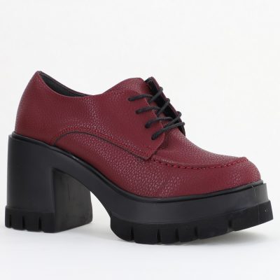 Pantofi Damă Casual cu Toc Tip Loafer din Piele Ecologică Bordo Mat BS602AY2409905