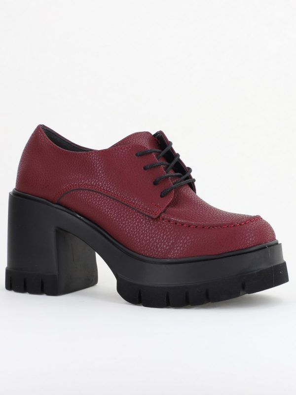 Incaltaminte Dama - Pantofi Damă Casual cu Toc Tip Loafer din Piele Ecologică Bordo Mat BS602AY2409905