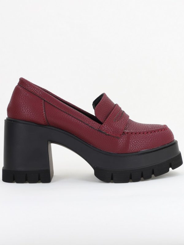 Pantofi Damă Casual cu Toc Tip Loafer din Piele Ecologică Bordo mat- BS608AY2409899 136