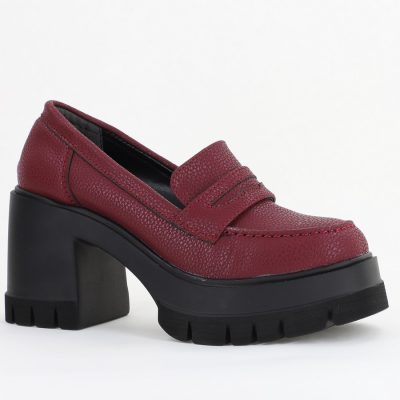 Pantofi Damă Casual cu Toc Tip Loafer din Piele Ecologică Bordo mat- BS608AY2409899