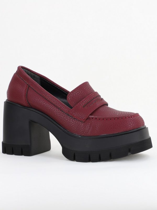 Incaltaminte Dama - Pantofi Damă Casual cu Toc Tip Loafer din Piele Ecologică Bordo mat- BS608AY2409899