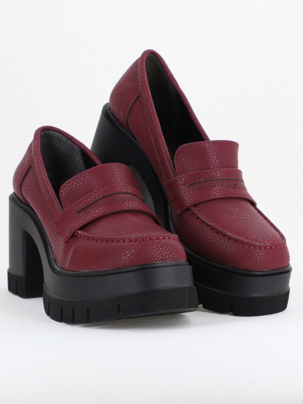 Pantofi Damă Casual cu Toc Tip Loafer din Piele Ecologică Bordo mat- BS608AY2409899 139