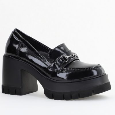 Pantofi Damă Casual cu Toc Tip Loafer din Piele Ecologică Negru Lac