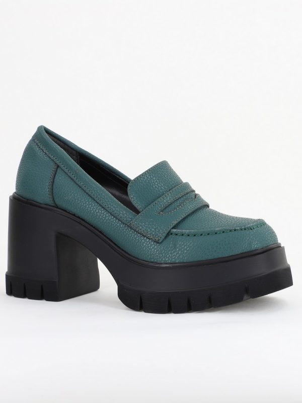 Incaltaminte Dama - Pantofi Damă Casual cu Toc Tip Loafer din Piele Ecologică Verde Petrol Mat- BS608AY2409900