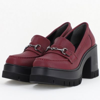 Pantofi Damă Casual cu Toc Tip Loafer din Piele Ecologică Bordo Mat- BS604AY2409913