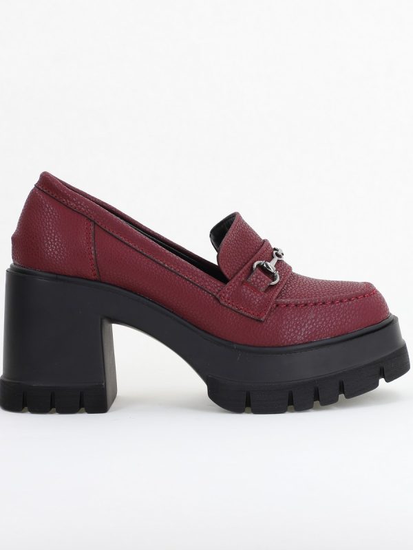 Pantofi Damă Casual cu Toc Tip Loafer din Piele Ecologică Bordo Mat- BS604AY2409913 136