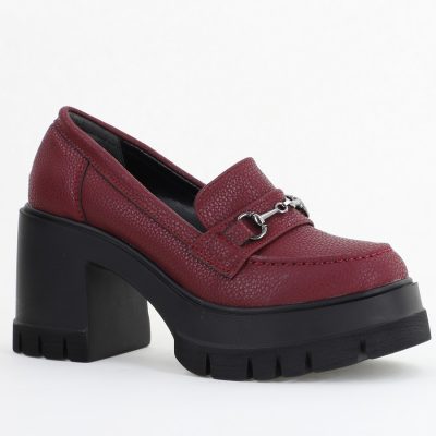 Pantofi Damă Casual cu Toc Tip Loafer din Piele Ecologică Bordo Mat- BS604AY2409913