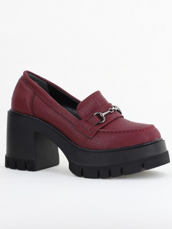 Incaltaminte Dama - Pantofi Damă Casual cu Toc Tip Loafer din Piele Ecologică Bordo Mat- BS604AY2409913