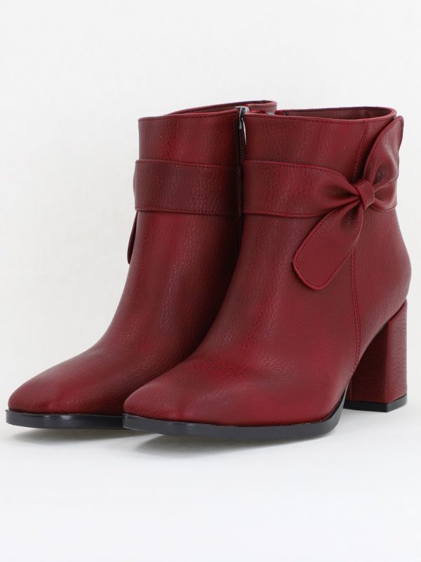 Botine elegante de damă cu toc din piele ecologică cu fundiță Bordo BS1092BT2411151 136