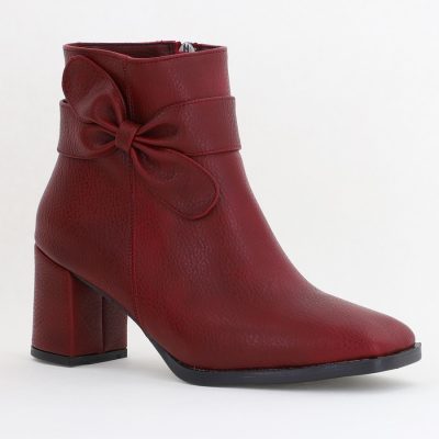 Botine elegante de damă cu toc din piele ecologică cu fundiță Bordo BS1092BT2411151