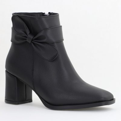 Botine elegante de damă cu toc din piele ecologică cu fundiță Negru BS1092BT2411149