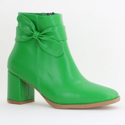 Botine elegante de damă cu toc din piele ecologică cu fundiță Verde BS1092BT2411155