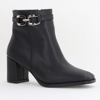 Botine elegante de damă cu toc din piele ecologică cu lanț Negru BS1064AY2411148