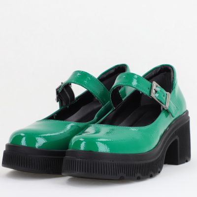 Pantofi Damă Casual cu Toc din Piele Ecologică Verde Lac BS501AY2410066