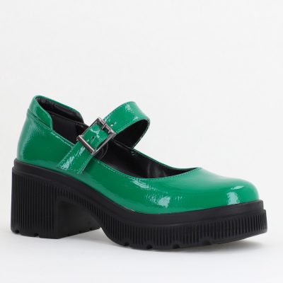 Pantofi Damă Casual cu Toc din Piele Ecologică Verde Lac BS501AY2410066