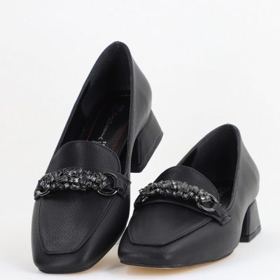 Pantofi Eleganți de Damă cu Toc Jos din Piele Ecologică Negru Decorați cu Pietricele BS170BA2411131