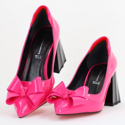 Pantofi Damă Eleganți cu Toc din Piele Ecologică cu Fundiță Fuchsia Lac (BS7332AY2411159)