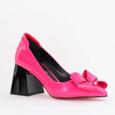 Pantofi Damă Eleganți cu Toc din Piele Ecologică cu Fundiță Fuchsia Lac (BS7332AY2411159)