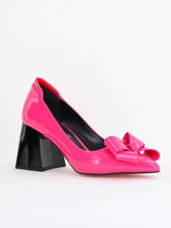 Incaltaminte Dama - Pantofi Damă Eleganți cu Toc din Piele Ecologică cu Fundiță Fuchsia Lac (BS7332AY2411159)