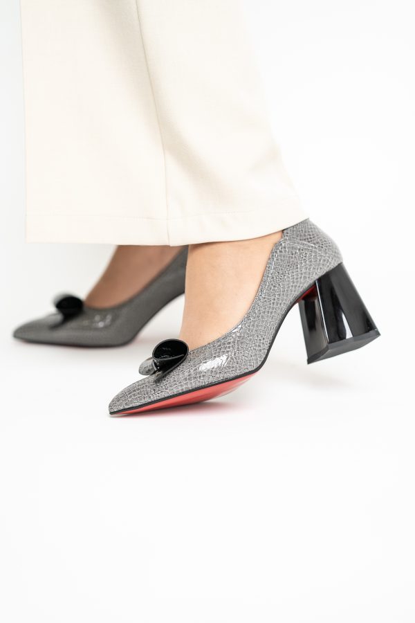 Pantofi Damă cu Toc Gros Gri ondulat din Piele Ecologică Nicoletta BS2010D2503236 123